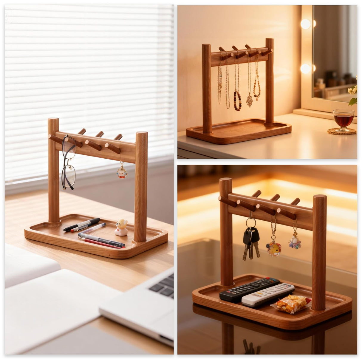 Wooden Key Holder and Entryway Organiser with Tray and Hooks for Keys, Jewellery and Everyday Home Storage, for Home, Travel and Daily Use