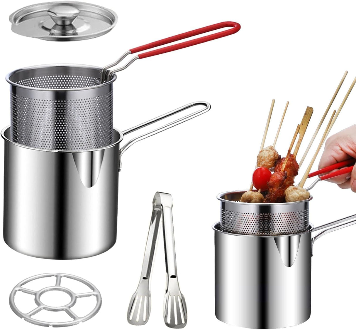 Deep Fryer - Mini Deep Fryer - Stainless Steel Oil Pan - Tempura Pan - Cooking Pan with Frying Basket - French Frying Pan - Induction and Gas - Frying Pan - Deep Fryer with Lid - Kitchen Accessories - Frying Set - Pans - Oil Filter - Sauté Pan - Silver -