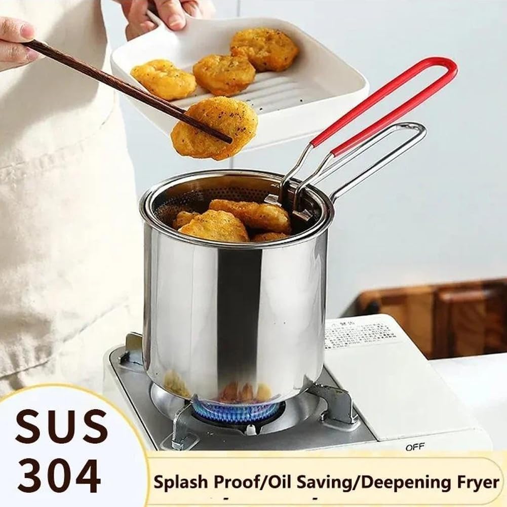 Deep Fryer - Mini Deep Fryer - Stainless Steel Oil Pan - Tempura Pan - Cooking Pan with Frying Basket - French Frying Pan - Induction and Gas - Frying Pan - Deep Fryer with Lid - Kitchen Accessories - Frying Set - Pans - Oil Filter - Sauté Pan - Silver -