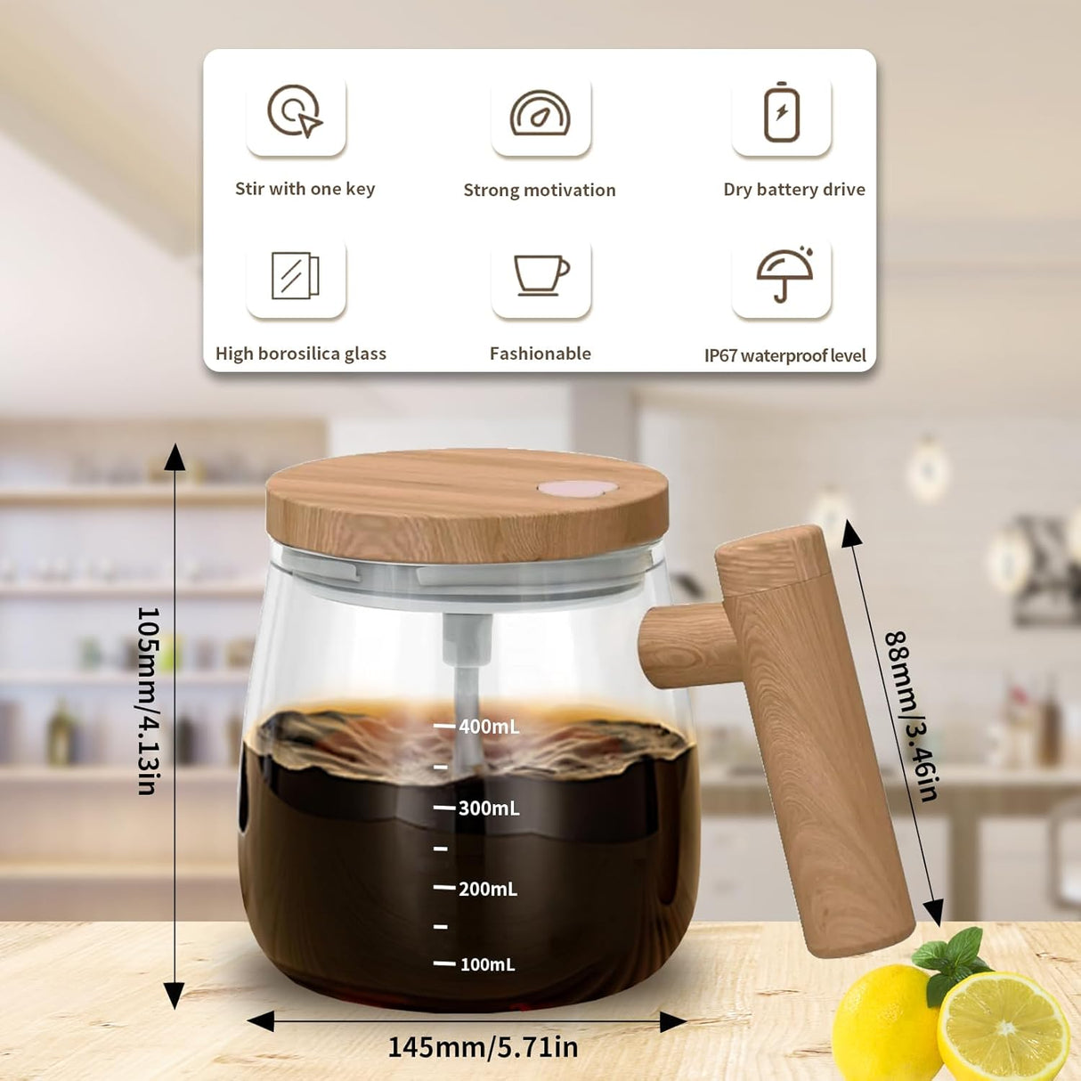 Self-Stirring Mug - Coffee Mug - Mixing Cup - Electric Mixing Cup - Automatic Stirring Cup - Milk Frother - Drink Mixer - Magnetic Cup - Shaker - Kitchen Gadgets - Coffee Accessories - Glass - Wood Design - Brown - 1 piece