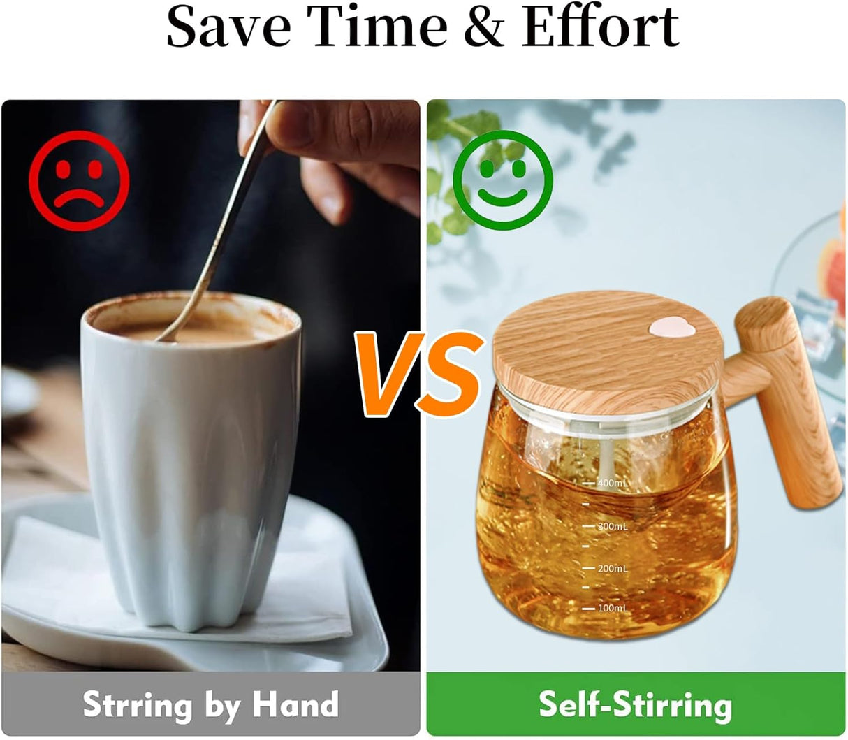 Self-Stirring Mug - Coffee Mug - Mixing Cup - Electric Mixing Cup - Automatic Stirring Cup - Milk Frother - Drink Mixer - Magnetic Cup - Shaker - Kitchen Gadgets - Coffee Accessories - Glass - Wood Design - Brown - 1 piece