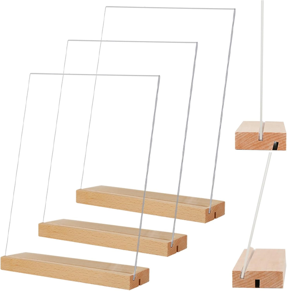 Menu Card Holder A4 - Photo Frame with Wooden Base - Table Stand - Brochure Holder - Acrylic Stand - Hospitality - Office - Wedding Decoration - Information Holder - Double Slot - Straight and Angled - Transparent and Wood - 3 Pieces