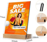 Menu Card Holder A4 - Photo Frame with Wooden Base - Table Stand - Brochure Holder - Acrylic Stand - Hospitality - Office - Wedding Decoration - Information Holder - Double Slot - Straight and Angled - Transparent and Wood - 3 Pieces - Front View