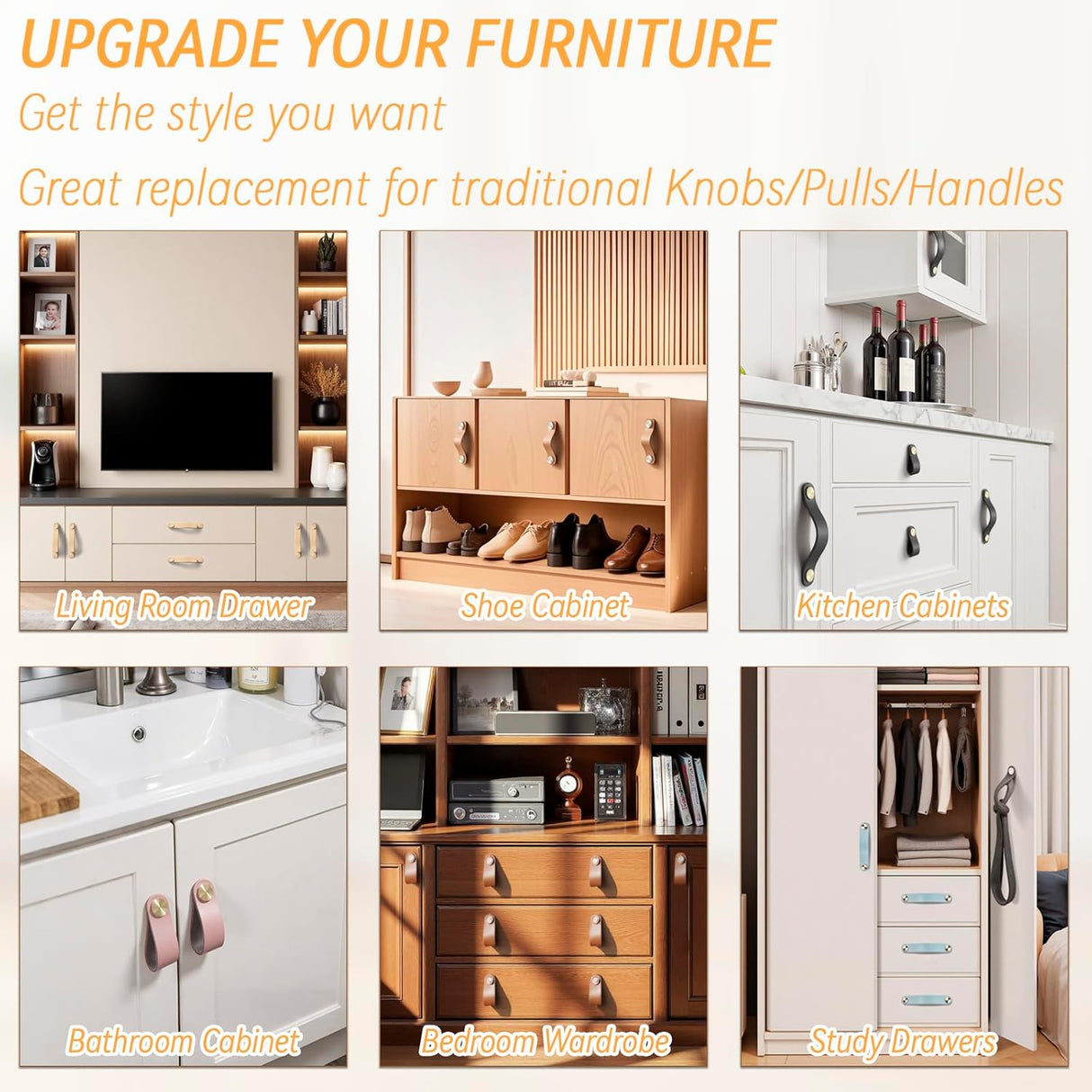 Leather Handles - Furniture Handles - Kitchen Handles - Door Handles - Cabinet Handles - Drawer Knobs - Furniture Hardware - Kitchen Hardware - Handles - Leather - Leather - Kitchen Renovation - Scandinavian - Brass - Knobs - Loops - Loop - Ivory - Set of
