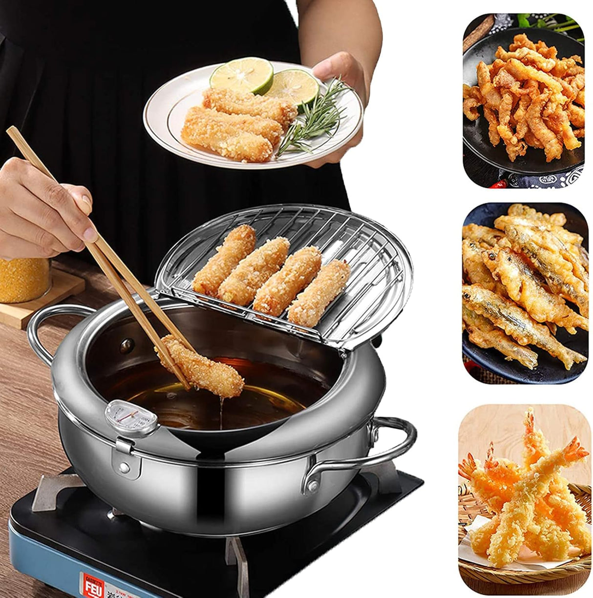 Deep fryer - Tempura pan - 24 cm - Stainless steel pan - Kitchen accessories - Japanese deep fryer - Induction deep fryer - Deep fryer - Cooking pot - Stainless steel pan - Large deep fryer - Kitchen utensils - Household - Silver - 1 piece