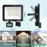 50W LED Floodlight with Motion Sensor IP67 Waterproof 5000LM 7000K Cool White - Side View