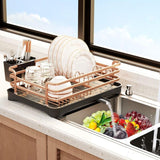 Aluminum Dish Drainer with Removable Tray Champagne Gold, 43 x 31.5 x 11 cm - Side View