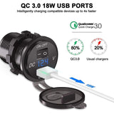 QC 3.0 Car USB Socket 12V 24V Waterproof Charger with Switch and LED Voltmeter - Front View