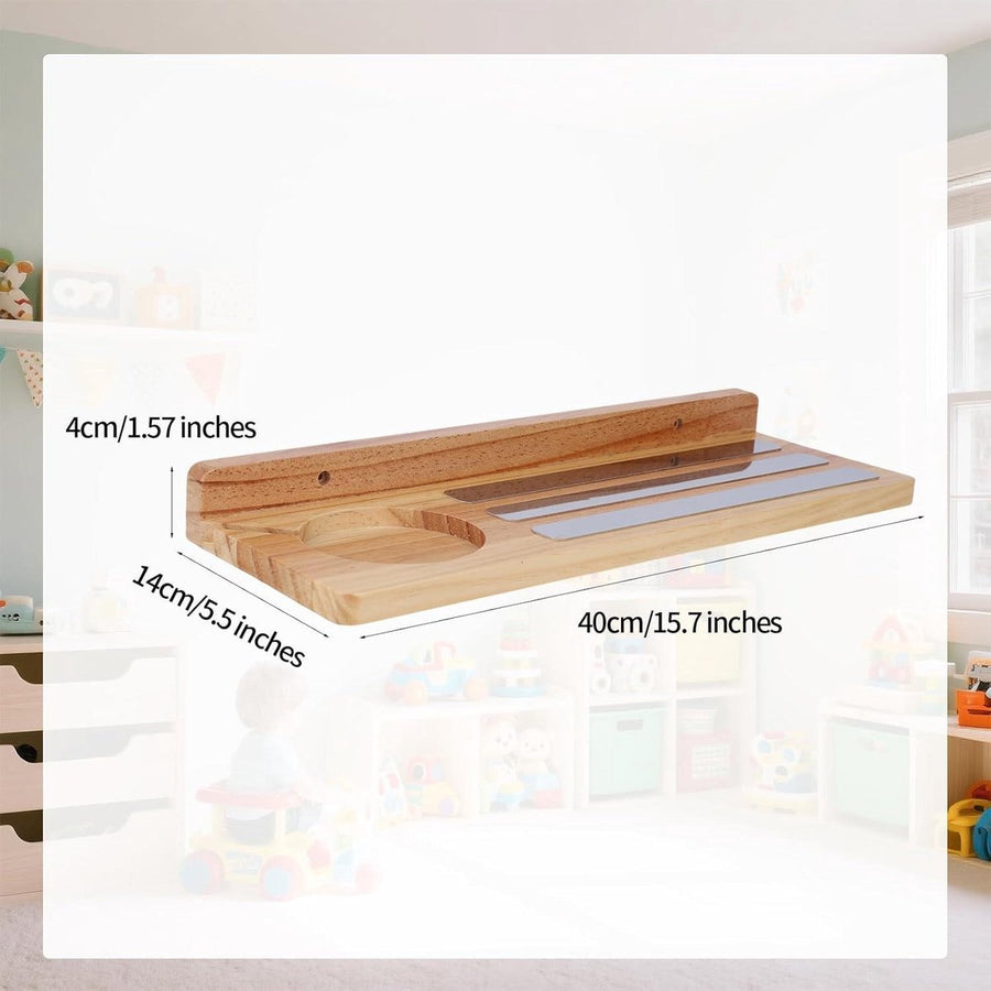 Wooden magnetic shelf for toy figures - wall mount with floating display - 1-tier organizer for children's room with charging station - storage accessories.