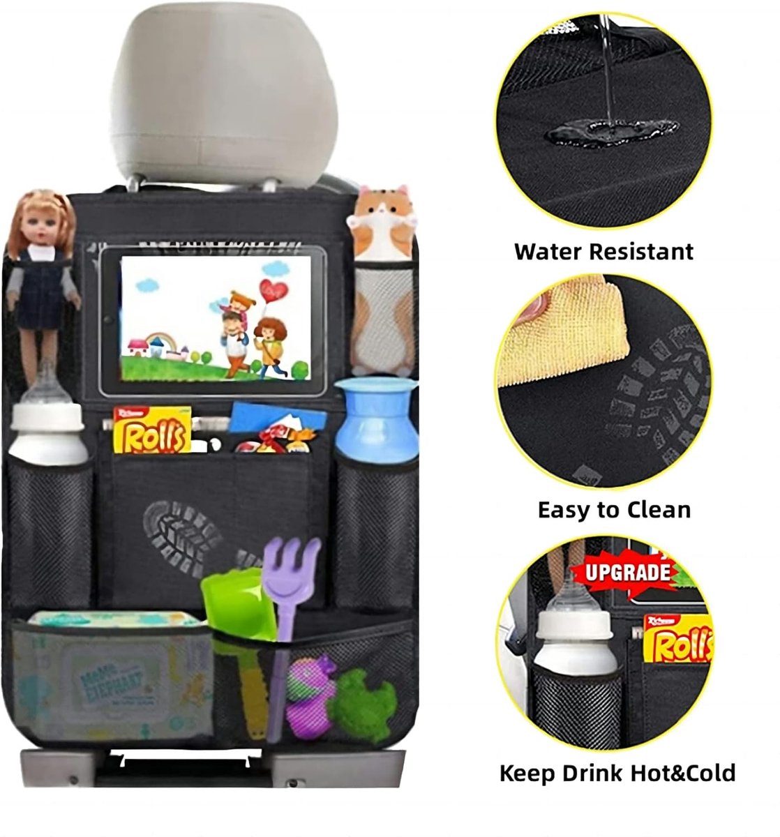 Famanu - Children's Car Organizer, 2 PCS Car Storage Accessories with 24.4 cm iPad Pocket, 10 Pockets for the Car Seat Backrest, Black