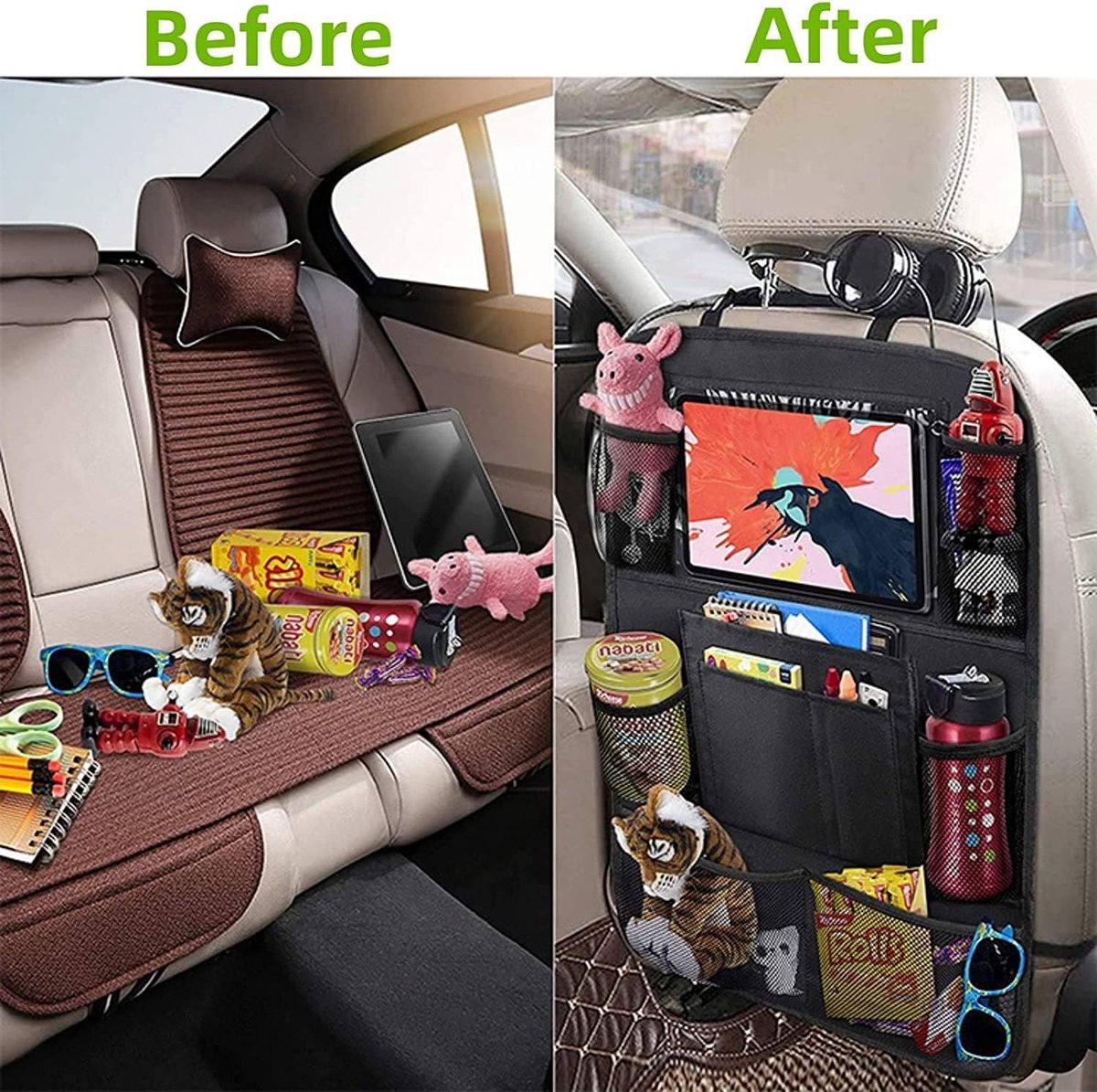 Famanu - Children's Car Organizer, 2 PCS Car Storage Accessories with 24.4 cm iPad Pocket, 10 Pockets for the Car Seat Backrest, Black