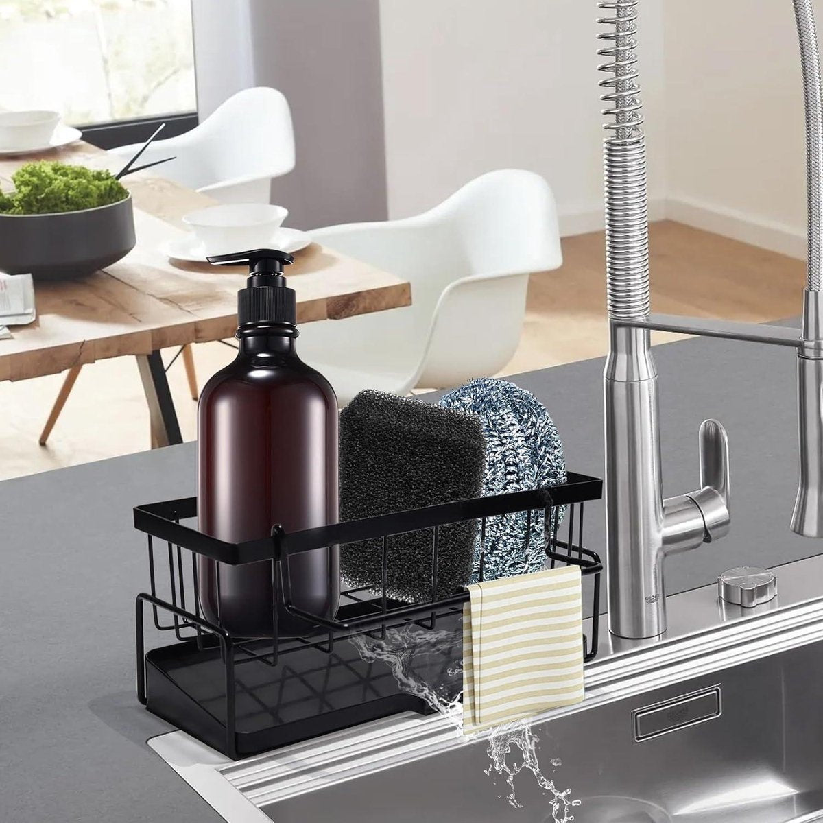 Sponge holder and organizer for sink - Draining rack and soap dish with brush holder - Kitchen storage accessories - Grey.