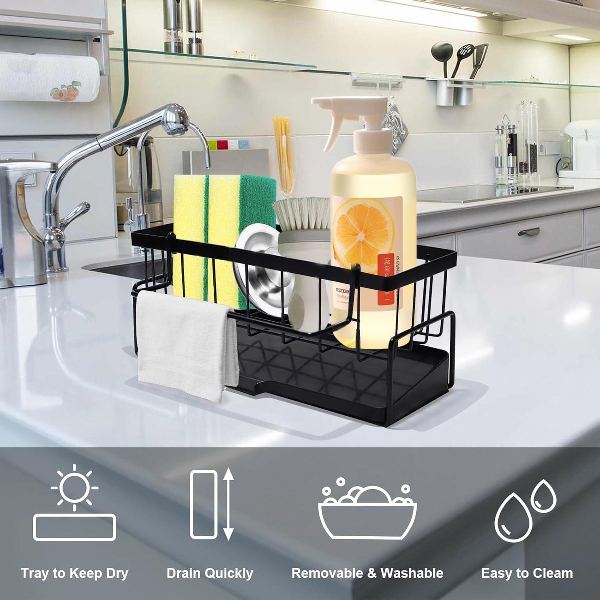 Sponge holder and organizer for sink - Draining rack and soap dish with brush holder - Kitchen storage accessories - Grey.