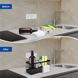 Sponge holder and organizer for sink - Draining rack and soap dish with brush holder - Kitchen storage accessories - Grey.