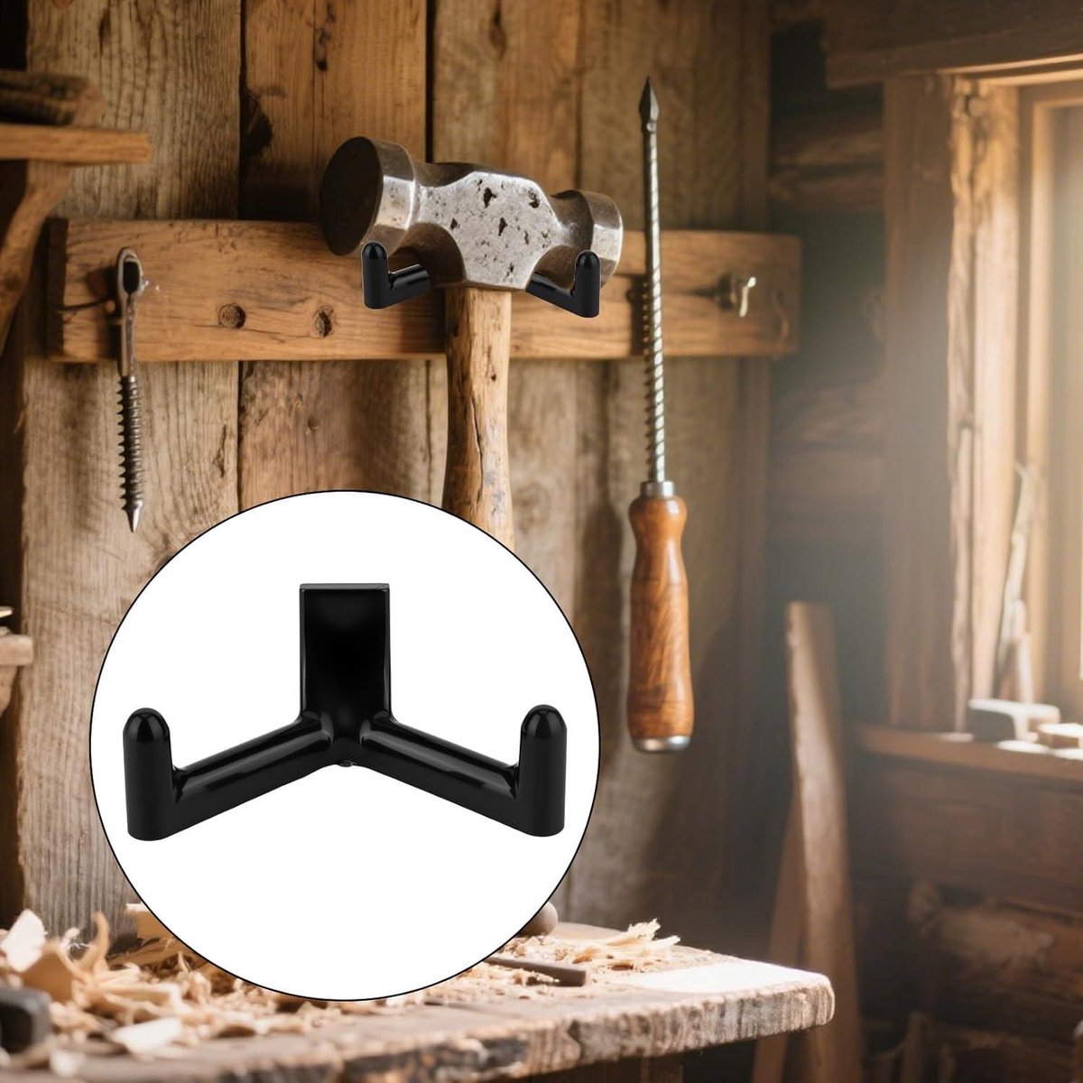 Tool Hooks for Garden Shed - Storage Accessories for Shovels and Rakes - Set of 3 (Black)