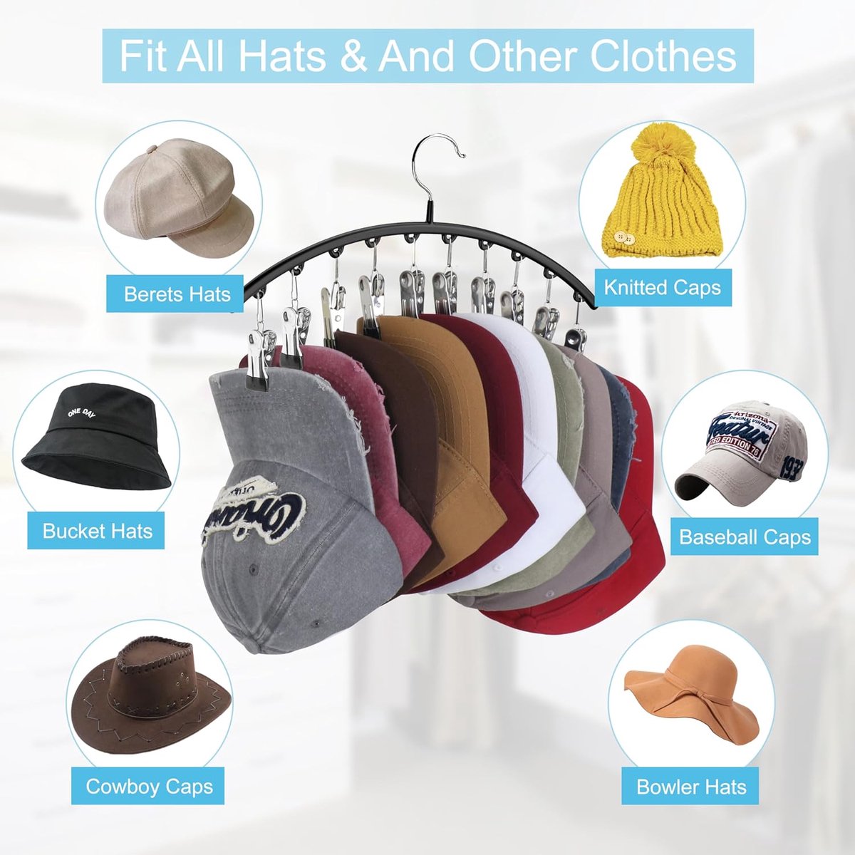 2 pieces - Hat rack - clothes rack - sock clip - hat rack for the wardrobe - storage accessories - suitable for drying clothes, socks and hats - black - 37*23 cm