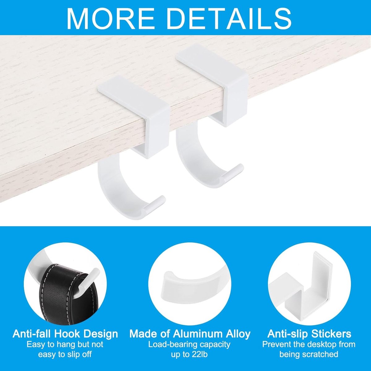 4 pieces - Hooks - Desk hooks - Backpack hooks - Storage accessories - No drilling required - Suitable for desks, bedrooms, study rooms, and living rooms - White - 4.8*2*10 cm