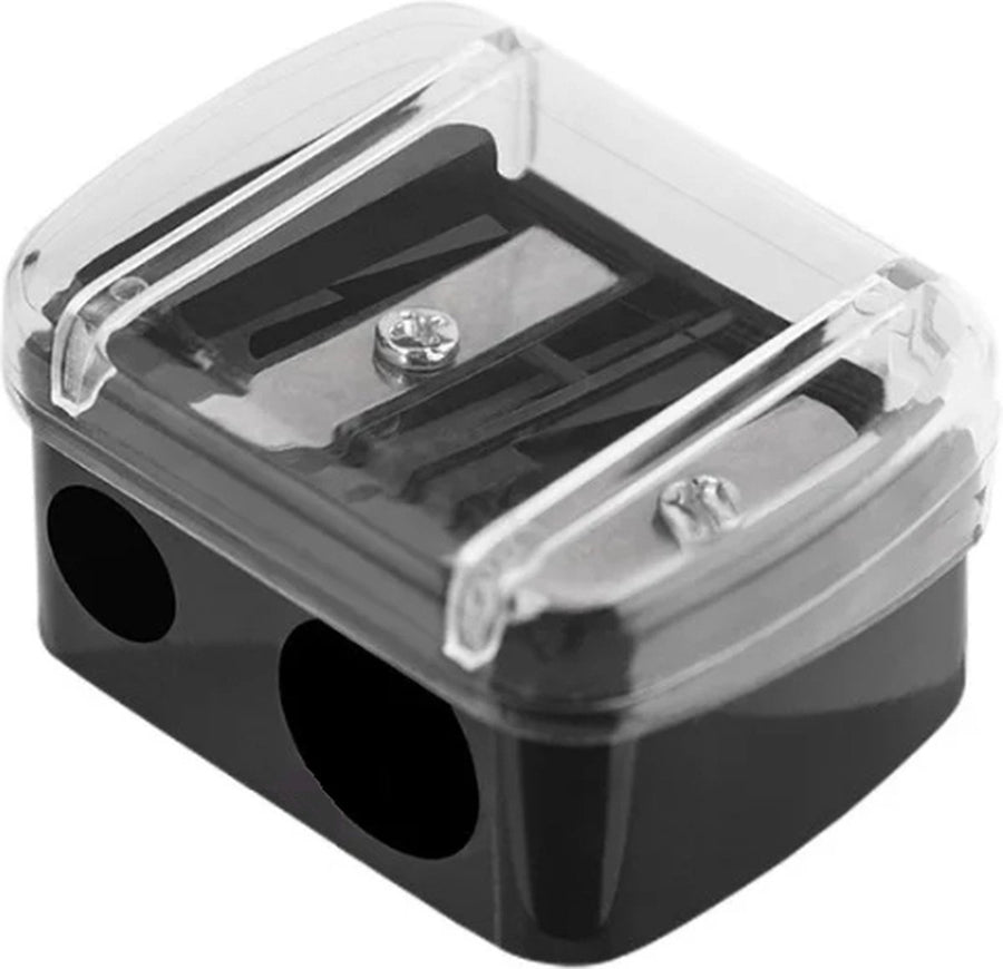Black 2-hole pencil sharpener - Makeup sharpener with collection tray - plastic