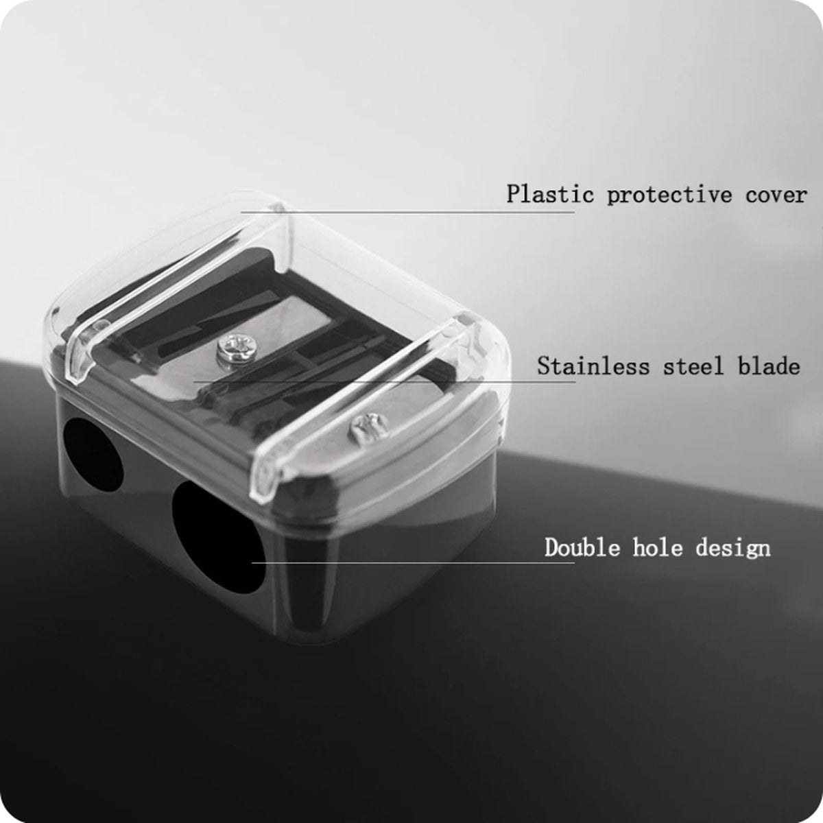 Black 2-hole pencil sharpener - Makeup sharpener with collection tray - plastic