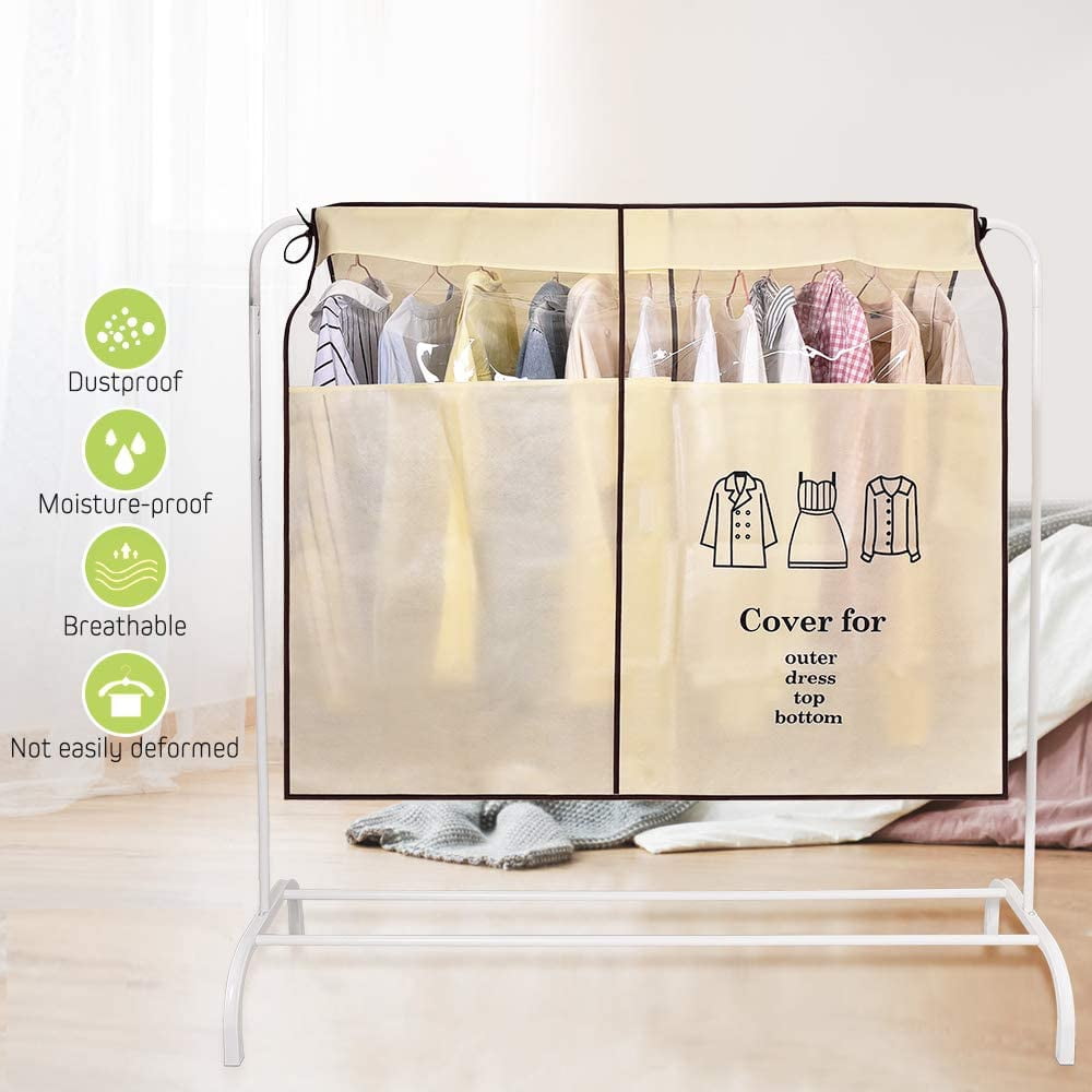 Dustproof Clothes Rack Cover Expandable Hanging Closet Cover Shoulder Dust Cover Clothes Protector for Coats Suits Dresses Beige