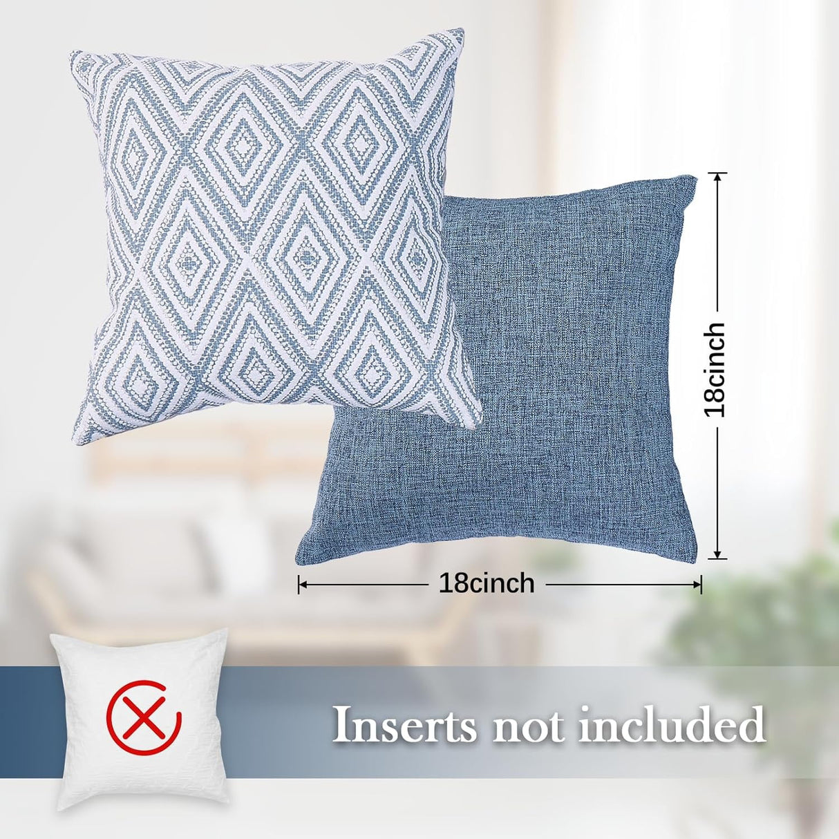 Decorative Set of 4 Square Couch Pillows Linen Cushion Cover for Couch Sofa Living Room, 18"x18" inches, Blue Blue 18x18 Inch Pillow Covers