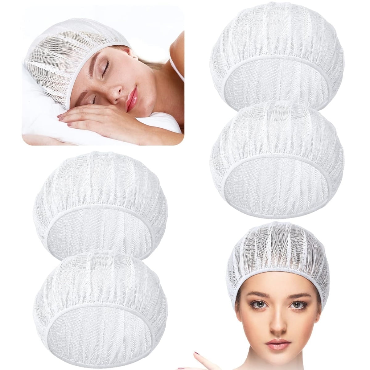 4 Pcs Mesh Sleep Bonnets,Breathable Shower Caps,Hair Nets Caps for Women,Reusable Multi-color Night Bonnets for Shower,Sleeping,Washing Face White