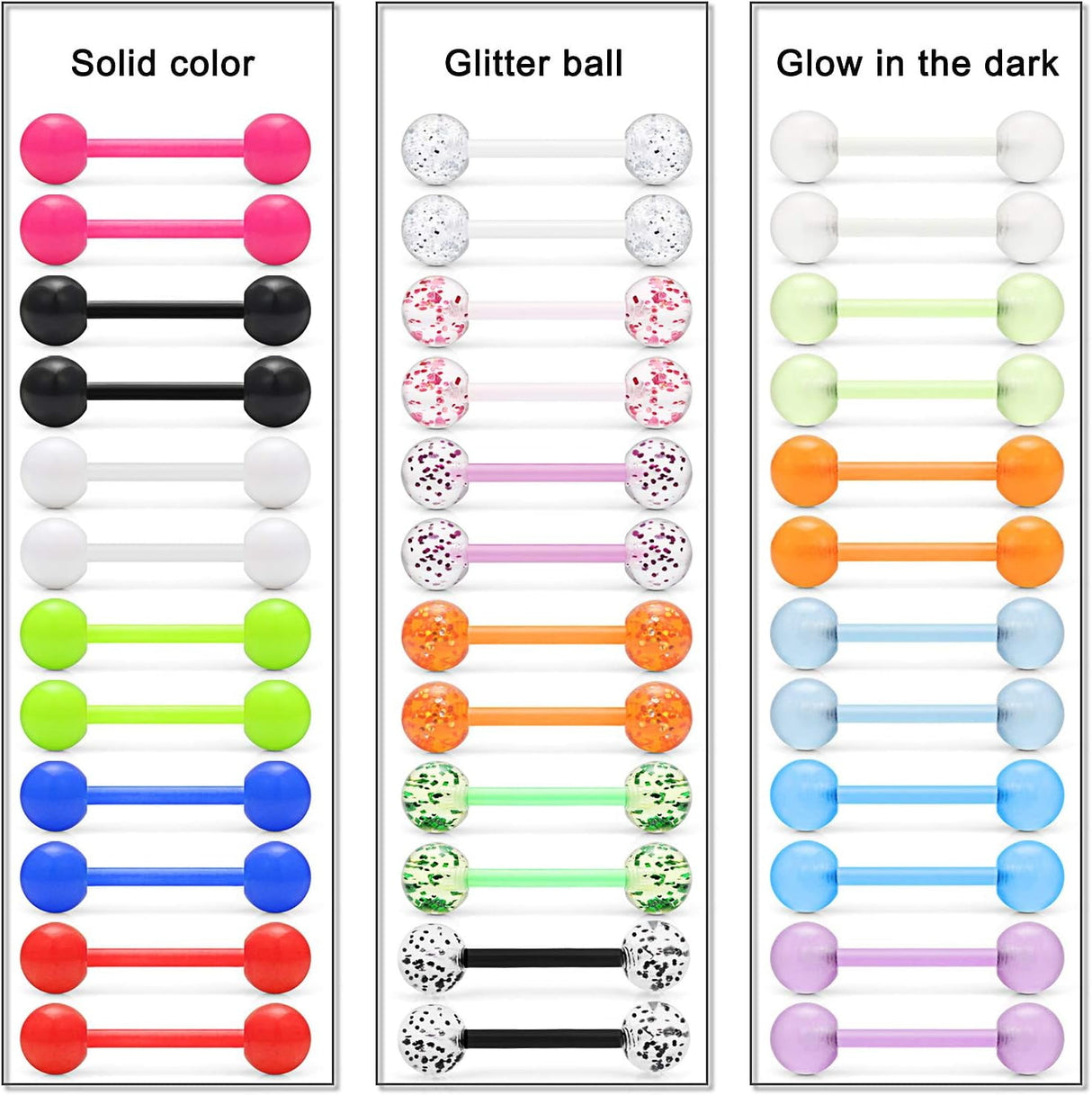 36Pcs 14G Glow in Dark Flexible Acrylic Straight Tongue Barbell Nipple Ring Retainer Piercing Jewelry for Women Men 16mm Bar