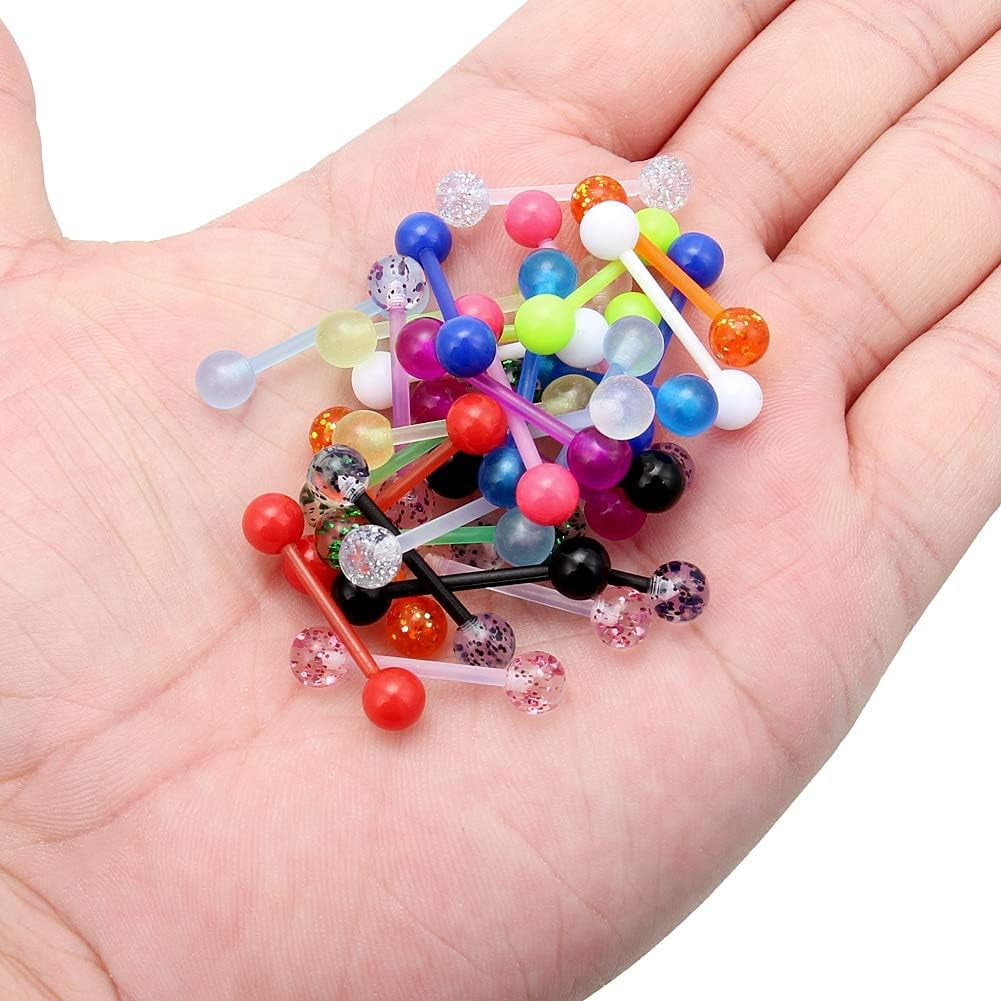 36Pcs 14G Glow in Dark Flexible Acrylic Straight Tongue Barbell Nipple Ring Retainer Piercing Jewelry for Women Men 16mm Bar