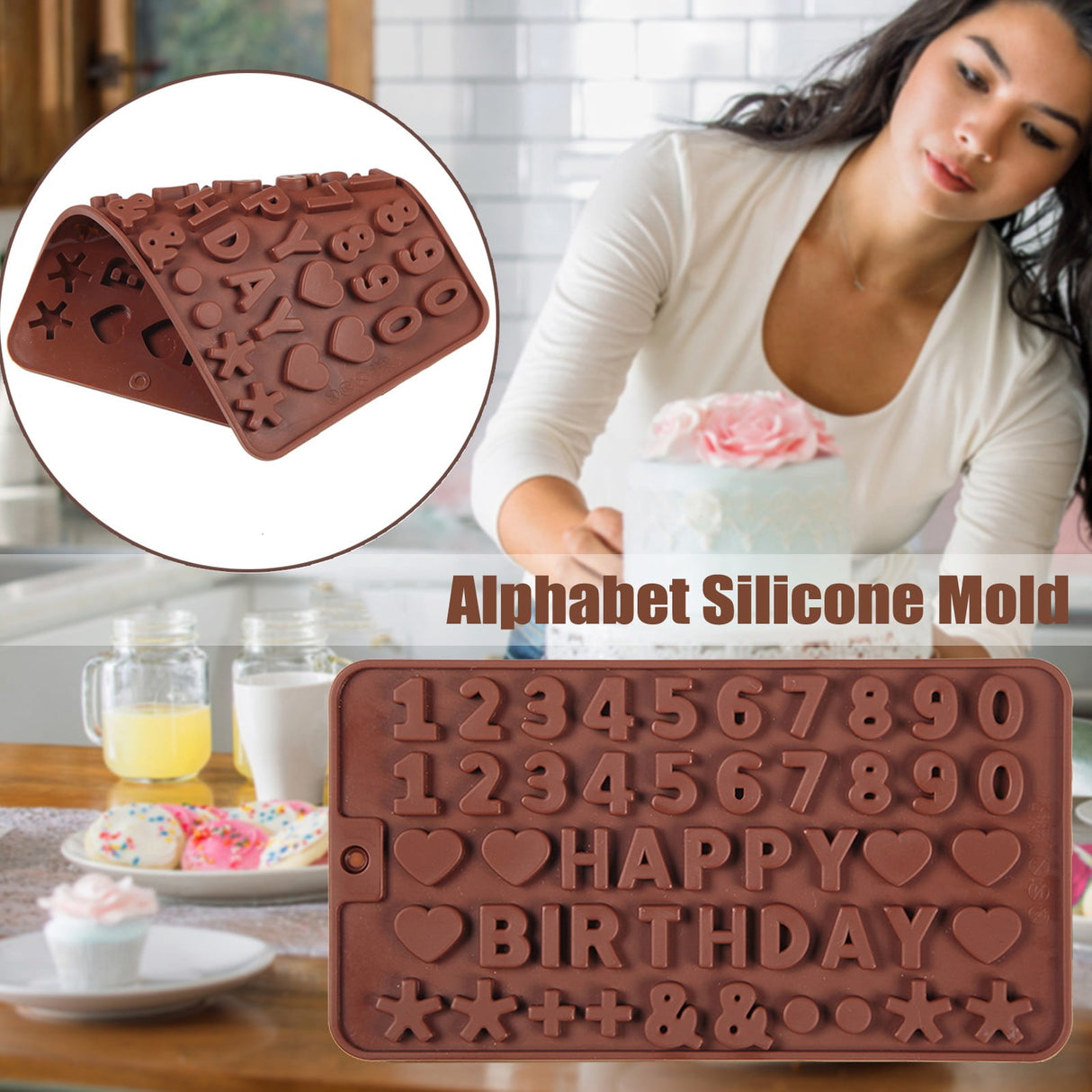 Mini Silicone Molds, Number Molds, Happy Birthday Mold for Baking Biscuits, Cookie, Candy, Chocolate 1-Brown