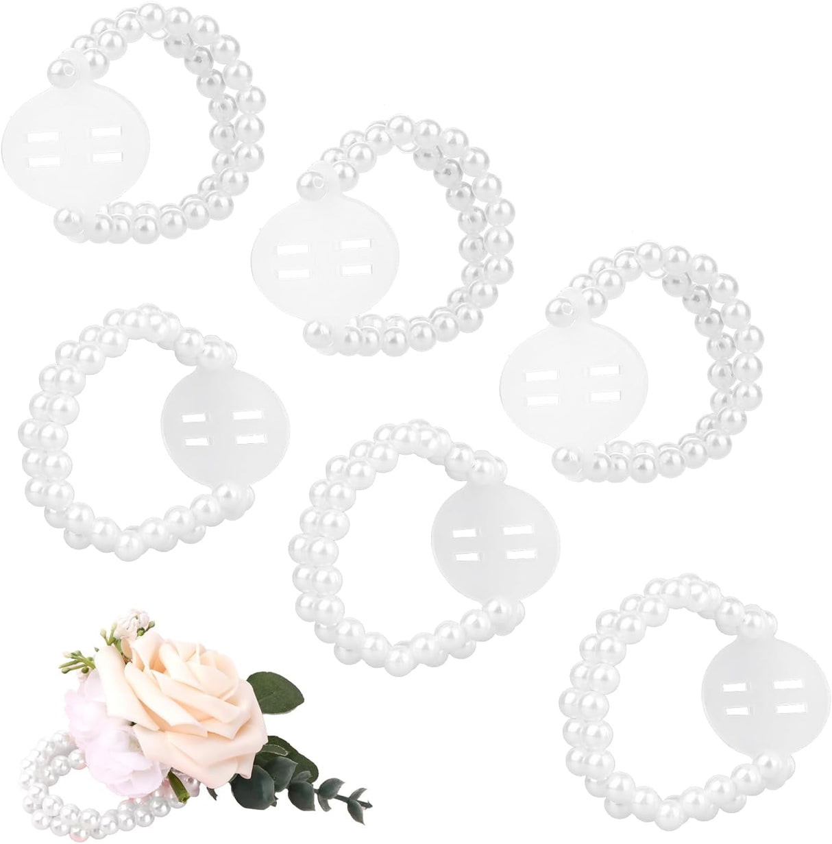 6 Pieces Corsage Wristlet Bands, Elastic Corsage Bracelet Handmade Stretch Pearl Corsage Wristband DIY Flower Bracelet for Women Girls Bridal Wedding Prom Party Accessories
