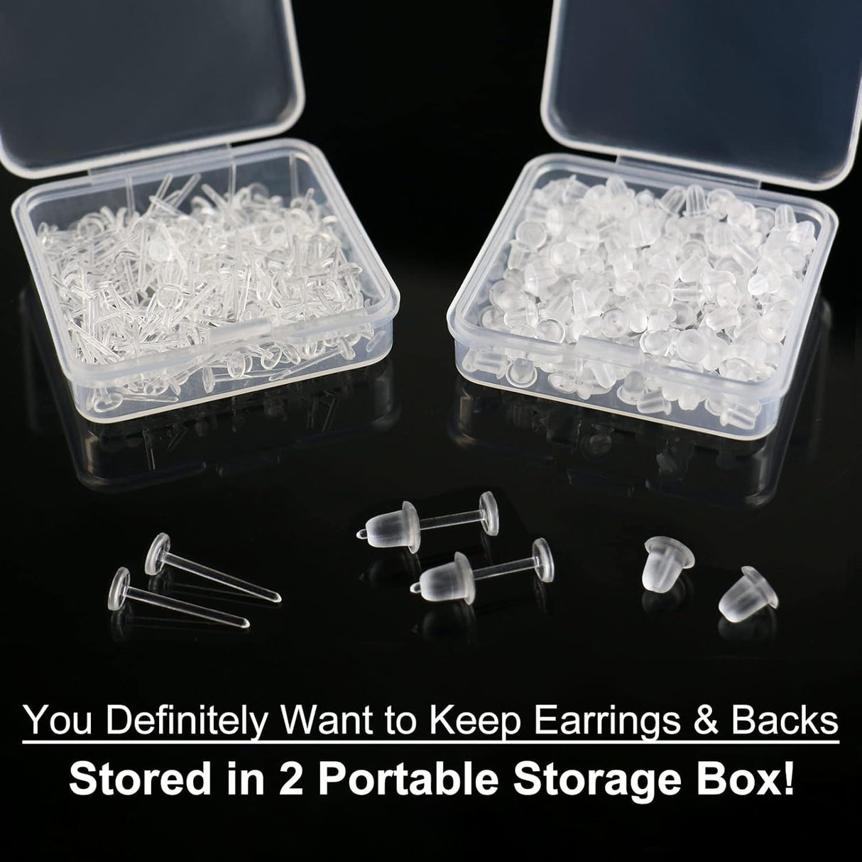 Clear Earrings For Sports, 400Pcs 18g Plastic Earrings For Sensitive Ears, Clear Stud Earrings for Work with Solid Plastic Posts and Soft Rubber Earring Backs in 2 Organizer Box