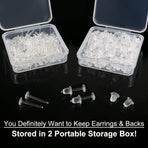 Clear Earrings For Sports, 400Pcs 18g Plastic Earrings For Sensitive Ears, Clear Stud Earrings for Work with Solid Plastic Posts and Soft Rubber Earring Backs in 2 Organizer Box