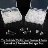 Clear Earrings For Sports, 400Pcs 18g Plastic Earrings For Sensitive Ears, Clear Stud Earrings for Work with Solid Plastic Posts and Soft Rubber Earring Backs in 2 Organizer Box - Front View
