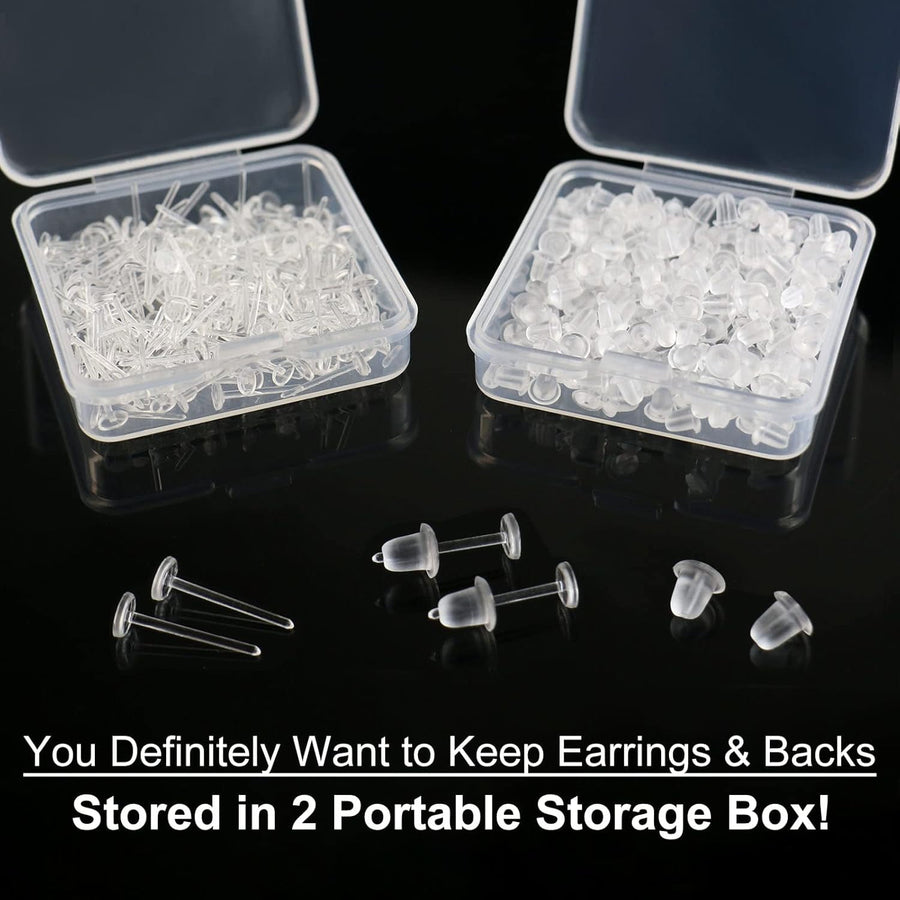 Clear Earrings For Sports, 400Pcs 18g Plastic Earrings For Sensitive Ears, Clear Stud Earrings for Work with Solid Plastic Posts and Soft Rubber Earring Backs in 2 Organizer Box