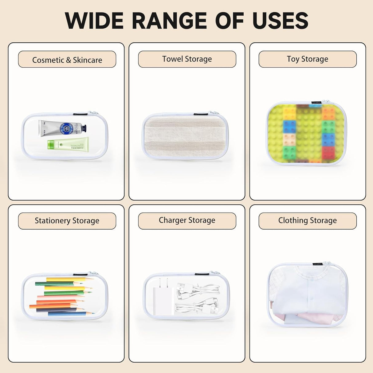 Hard Sided Clear Zipper Case for Storage- Professional-Grade Clear Zipper Pencil Case,Toy Storage Bins, Toiletry Pouch, Travel Organizer, Cosmetic Bagï¼\x88White,2 Pack, Mï¼\x89 M