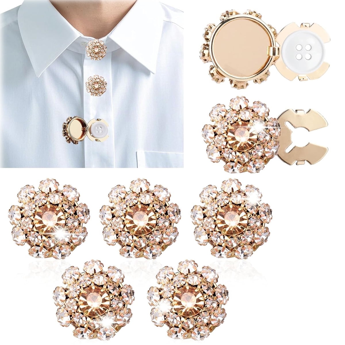 Rhinestone Button Cover 5 Pcs Golden Crystal Cover for Women Blouses Detachable Shirt Clips Buttons Crystal Fancy Buttons for Dress Suit Jeans Clothing DIY Holiday Decoration Embellishments Gold