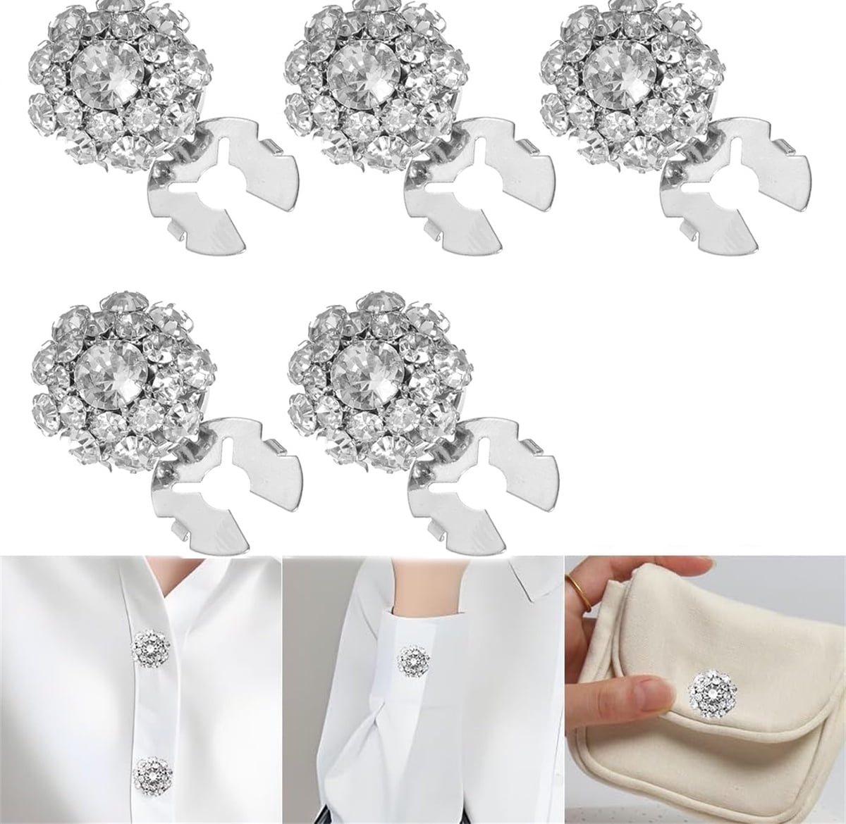 Rhinestone Button Cover 5 Pcs Golden Crystal Cover for Women Blouses Detachable Shirt Clips Buttons Crystal Fancy Buttons for Dress Suit Jeans Clothing DIY Holiday Decoration Embellishments Silver