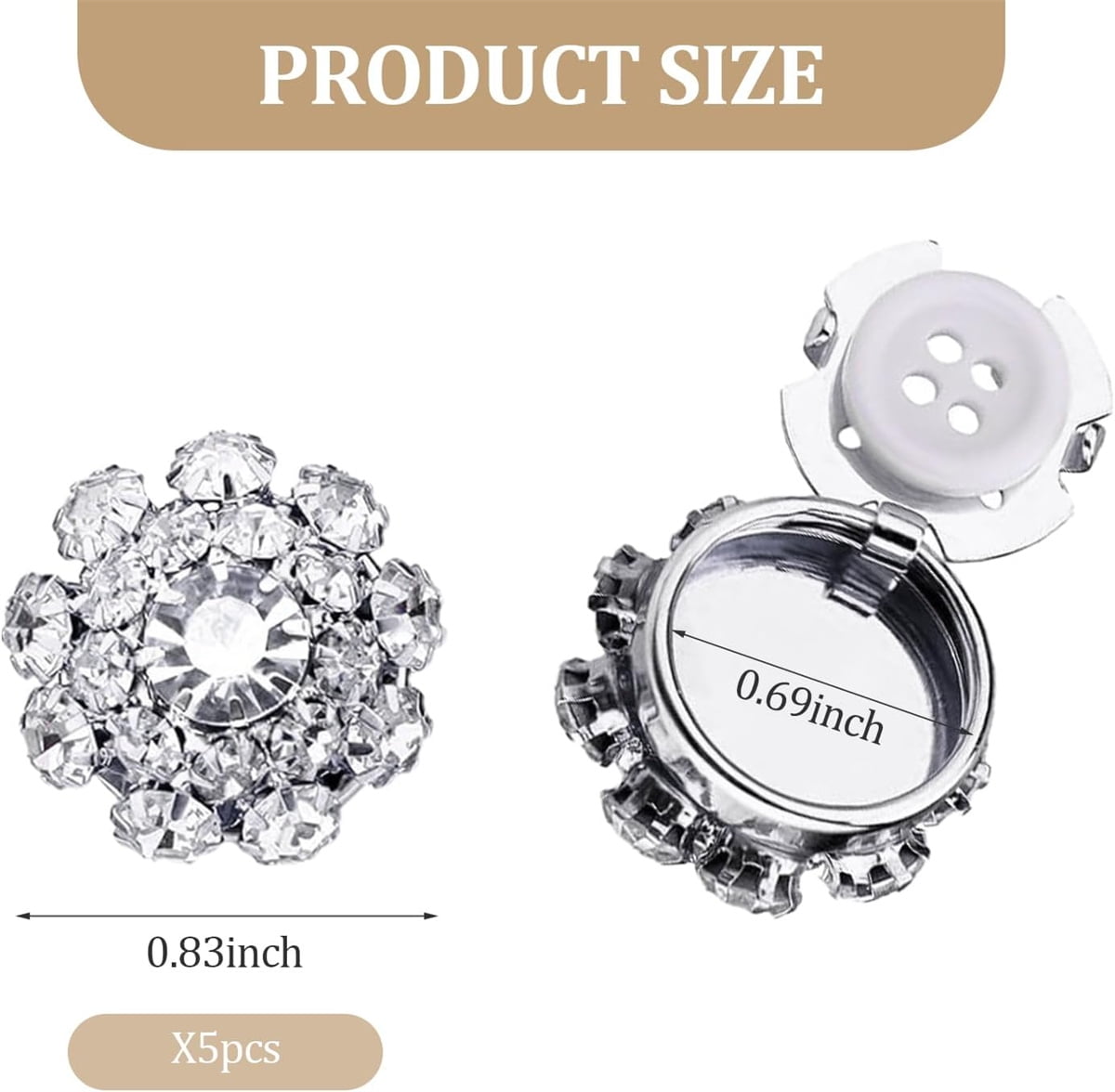 Rhinestone Button Cover 5 Pcs Golden Crystal Cover for Women Blouses Detachable Shirt Clips Buttons Crystal Fancy Buttons for Dress Suit Jeans Clothing DIY Holiday Decoration Embellishments Silver
