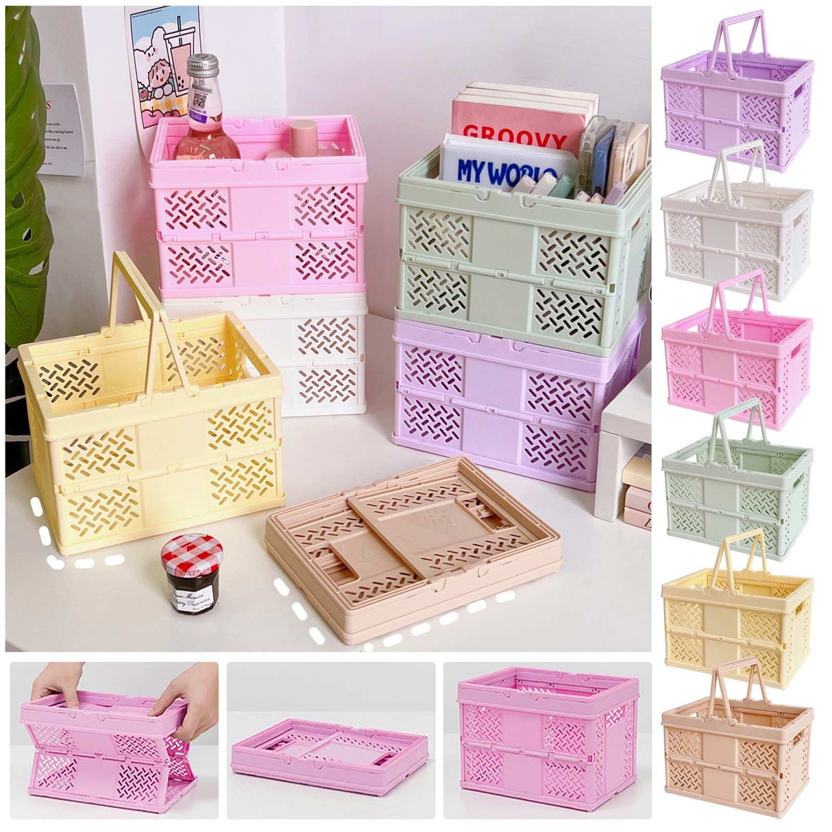 Foldable Storage Baskets with Handle, Portable Shower Basket, Vegetable Fruit Storage Organizers Box, Multifunctional Shopping Basket Outdoor Picnic Basket for Home, Picnic, Shopping Coffee
