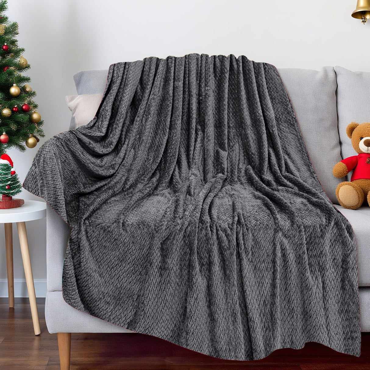 Christmas Solid Color Blanket, 59x39" Soft Warm Throw Blanket, Light-weight Plush Throw Blanket for Bed Sofa Camping Airplane Holiday Gray