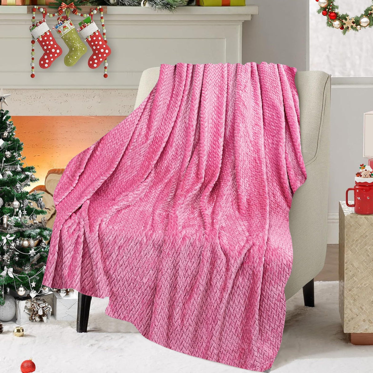 Christmas Solid Color Blanket, 59x39" Soft Warm Throw Blanket, Light-weight Plush Throw Blanket for Bed Sofa Camping Airplane Holiday Pink