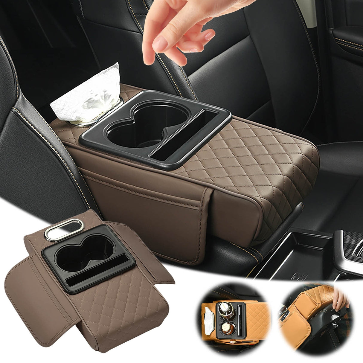 Car Center Console Armrest Pillow, Memory Foam Auto Armrest Box Cover with Cup Holder and Phone Holder, Waterproof Leather Arm Rest Protector Cushion, Car Tissue Box, Interior Car Accessories Wine
