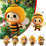 6PCS Christmas Cute Bee Hanging Ornaments, 3.15" Flat Christmas Tree Hanging Pendants, Acrylic Yellow Honeybee with Hat Indoor Decoration for Home Party Holiday Xmas Tree Door Decor As shown