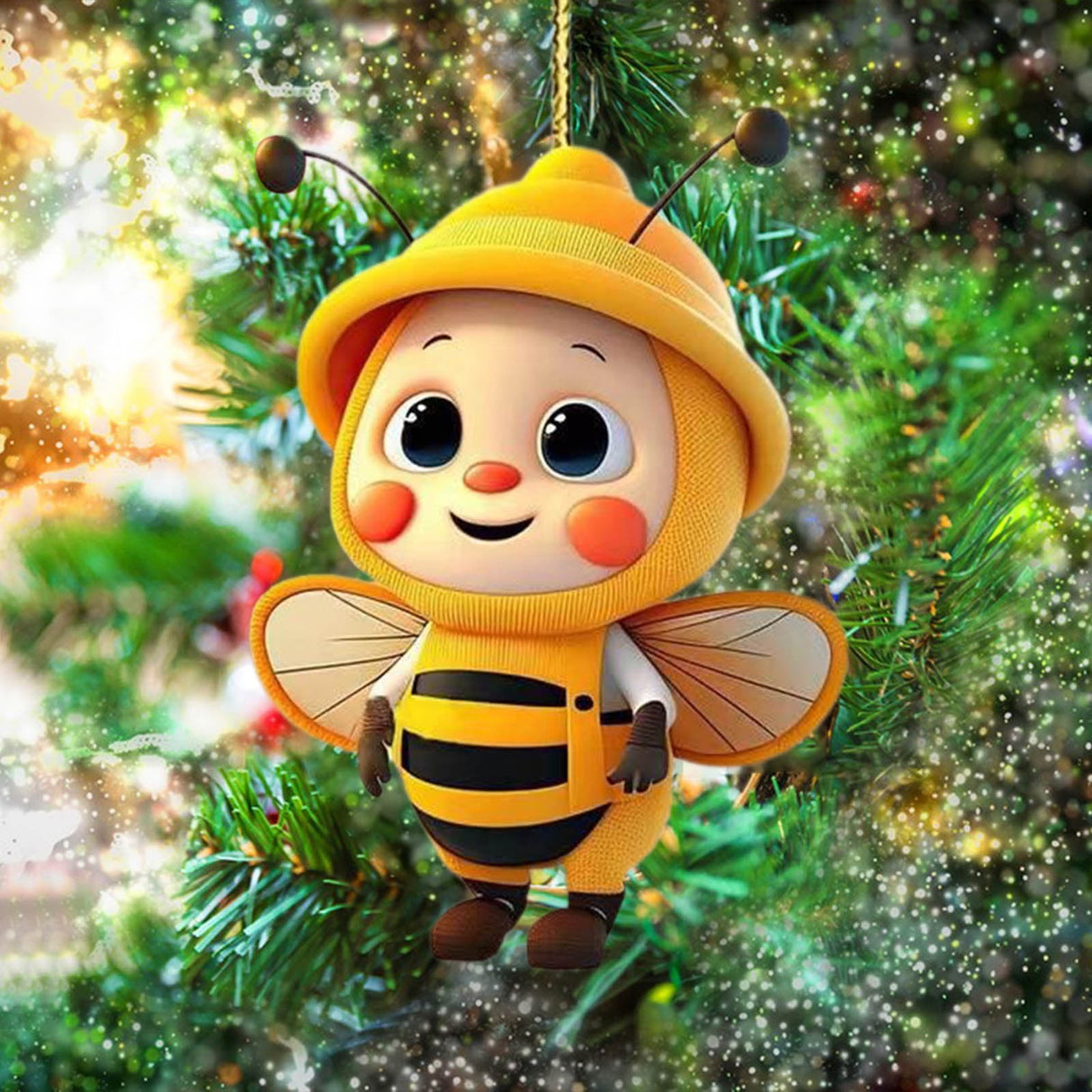 6PCS Christmas Cute Bee Hanging Ornaments, 3.15" Flat Christmas Tree Hanging Pendants, Acrylic Yellow Honeybee with Hat Indoor Decoration for Home Party Holiday Xmas Tree Door Decor As shown