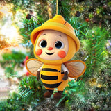 6PCS Christmas Cute Bee Hanging Ornaments, 3.15" Flat Christmas Tree Hanging Pendants, Acrylic Yellow Honeybee with Hat Indoor Decoration for Home Party Holiday Xmas Tree Door Decor As shown