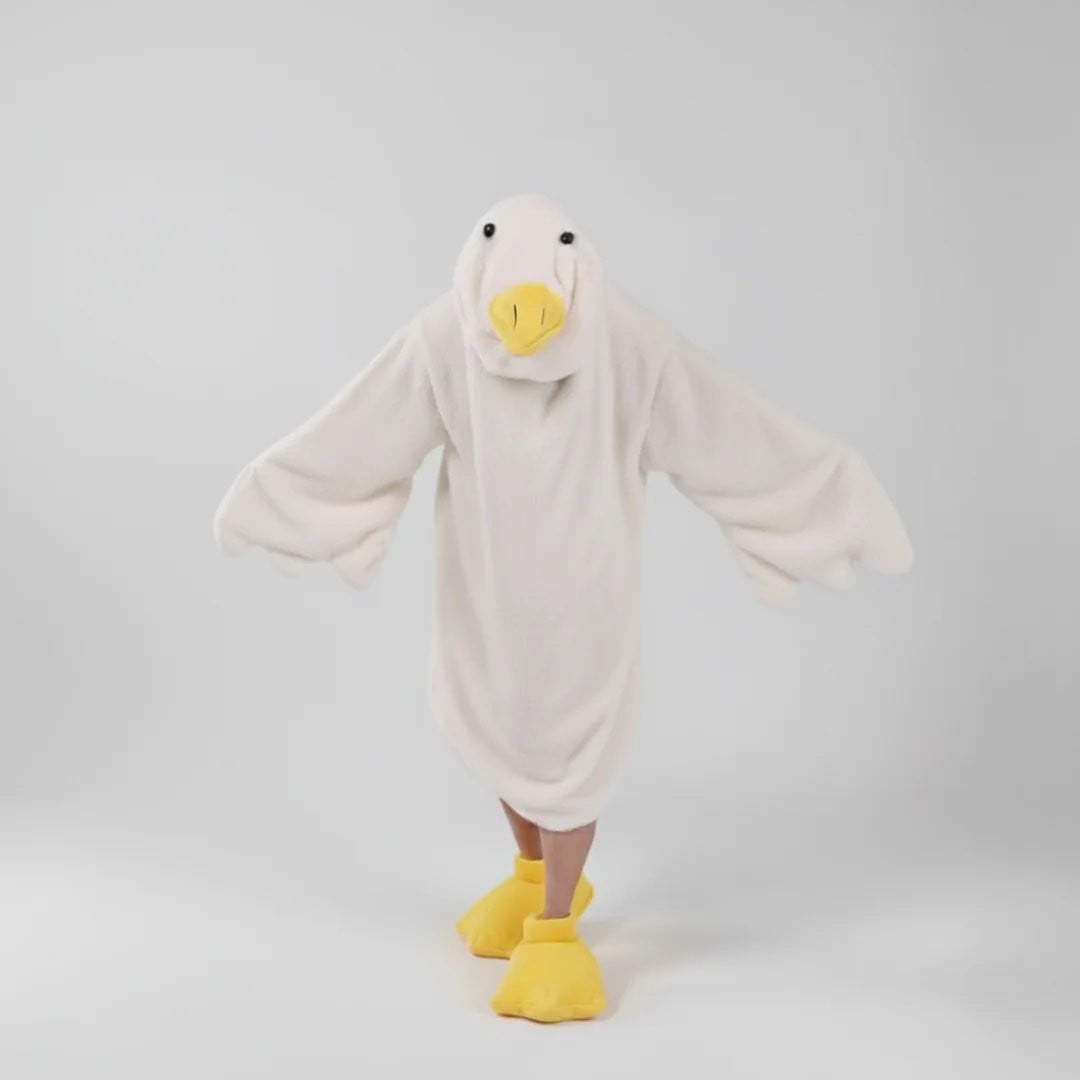 Goose Blanket Hoodie Onesie, Large Warm Wearable Flannel Blankets with Sleeves and Gooses Feet Slippers, for Festival Home Party Holiday Indoor XXL White
