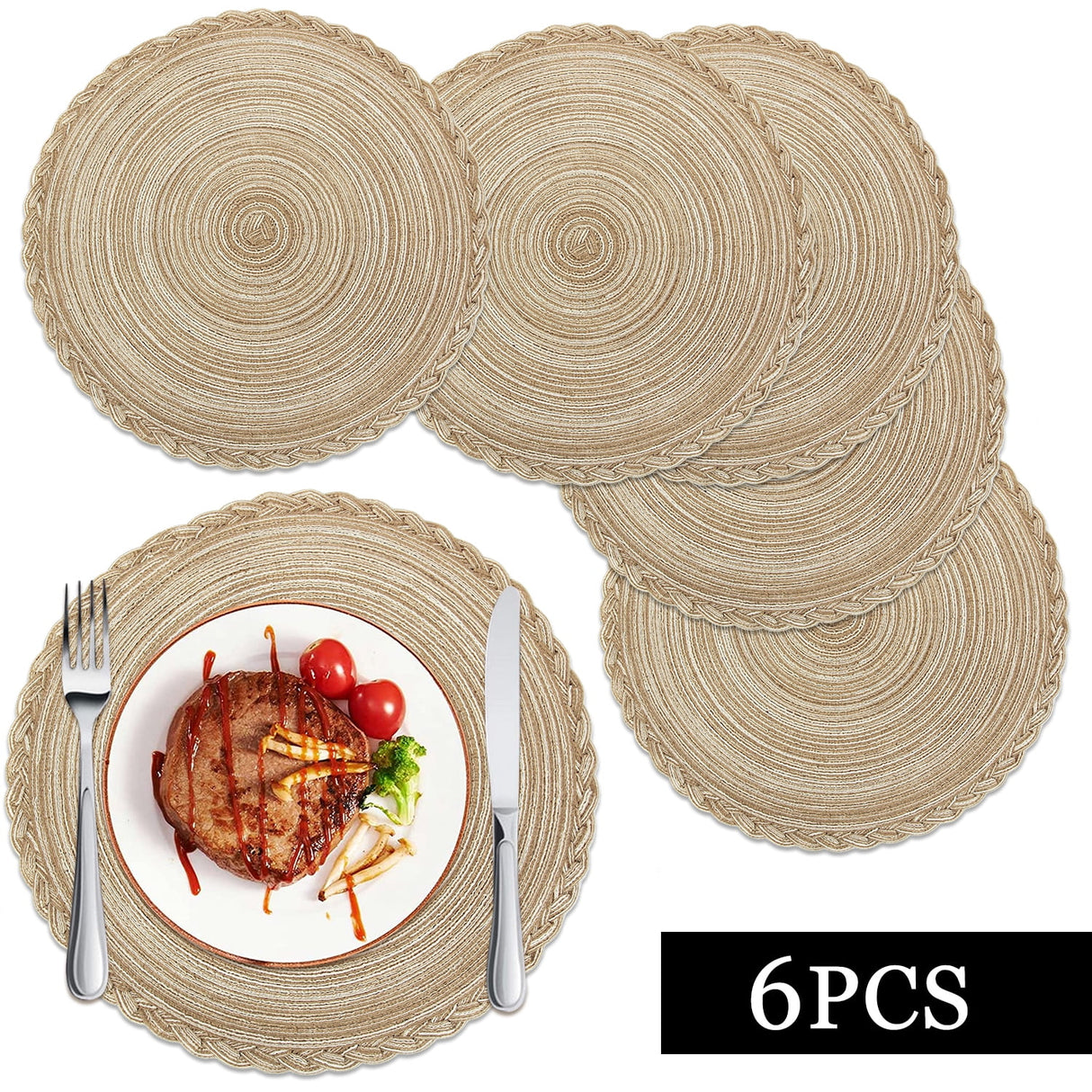 Braided Placemats for Dining Table Set of 6 - Round 15 inch Woven Heat Resistant Non-Slip Kitchen Table Mats, Red Light Coffee
