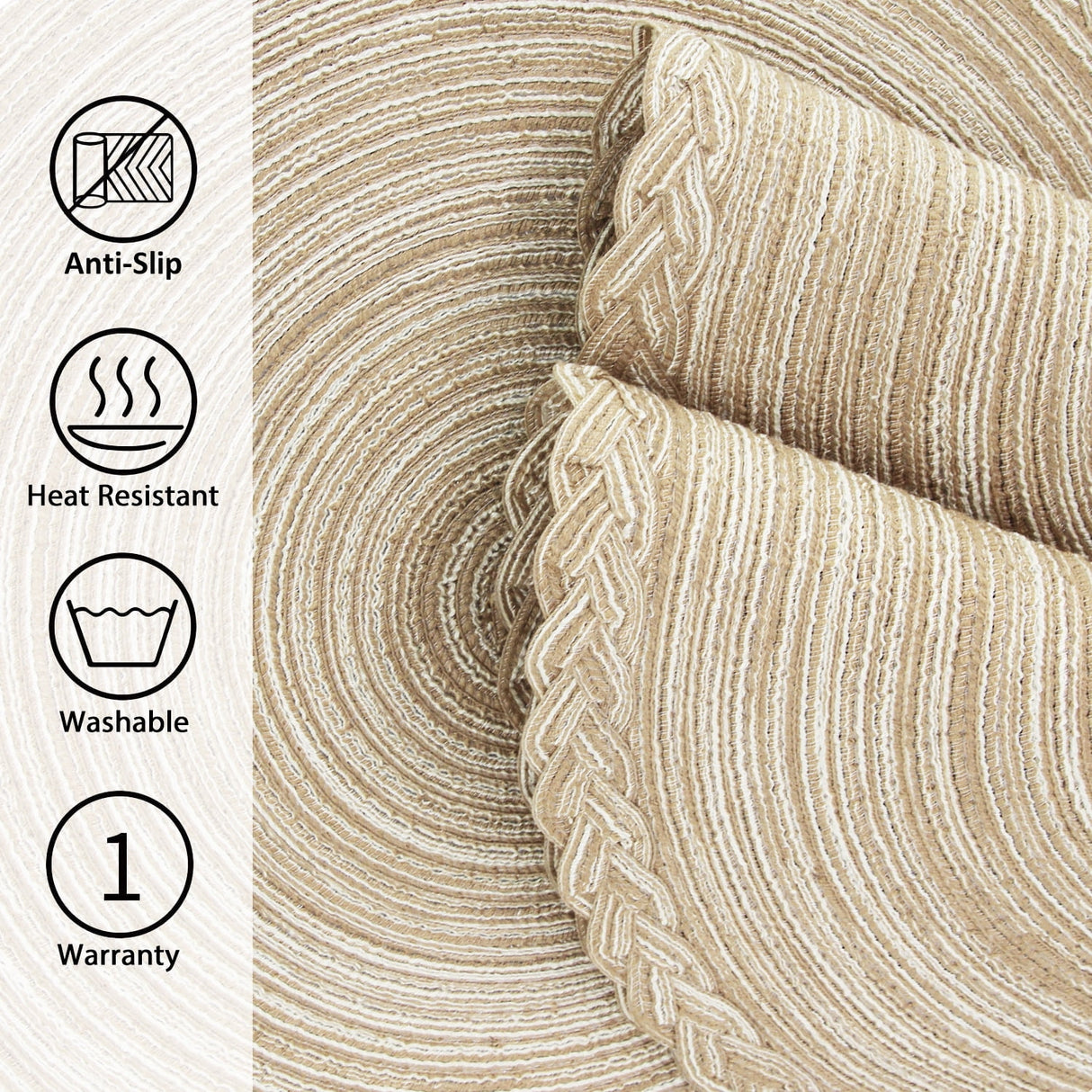 Braided Placemats for Dining Table Set of 6 - Round 15 inch Woven Heat Resistant Non-Slip Kitchen Table Mats, Red Light Coffee