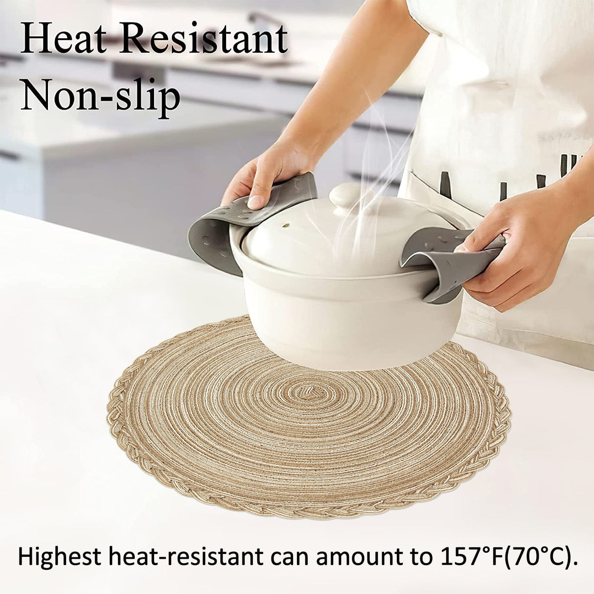 Braided Placemats for Dining Table Set of 6 - Round 15 inch Woven Heat Resistant Non-Slip Kitchen Table Mats, Red Light Coffee