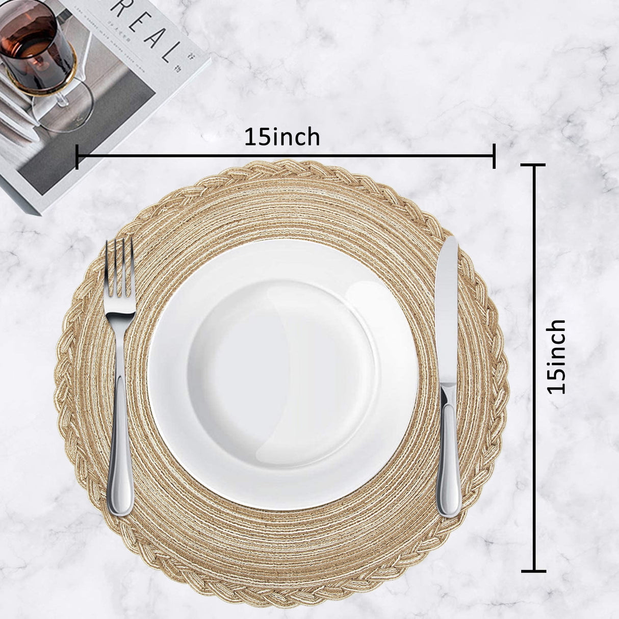Braided Placemats for Dining Table Set of 6 - Round 15 inch Woven Heat Resistant Non-Slip Kitchen Table Mats, Red Light Coffee